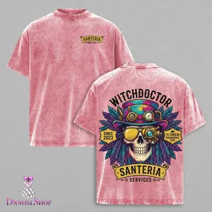 Vintage Wash Witchdoctor Skull Graphic T-Shirt Gothic Streetwear Santeria Skull Back Print Tee Retro Alternative Fashion Festival Biker Shirt