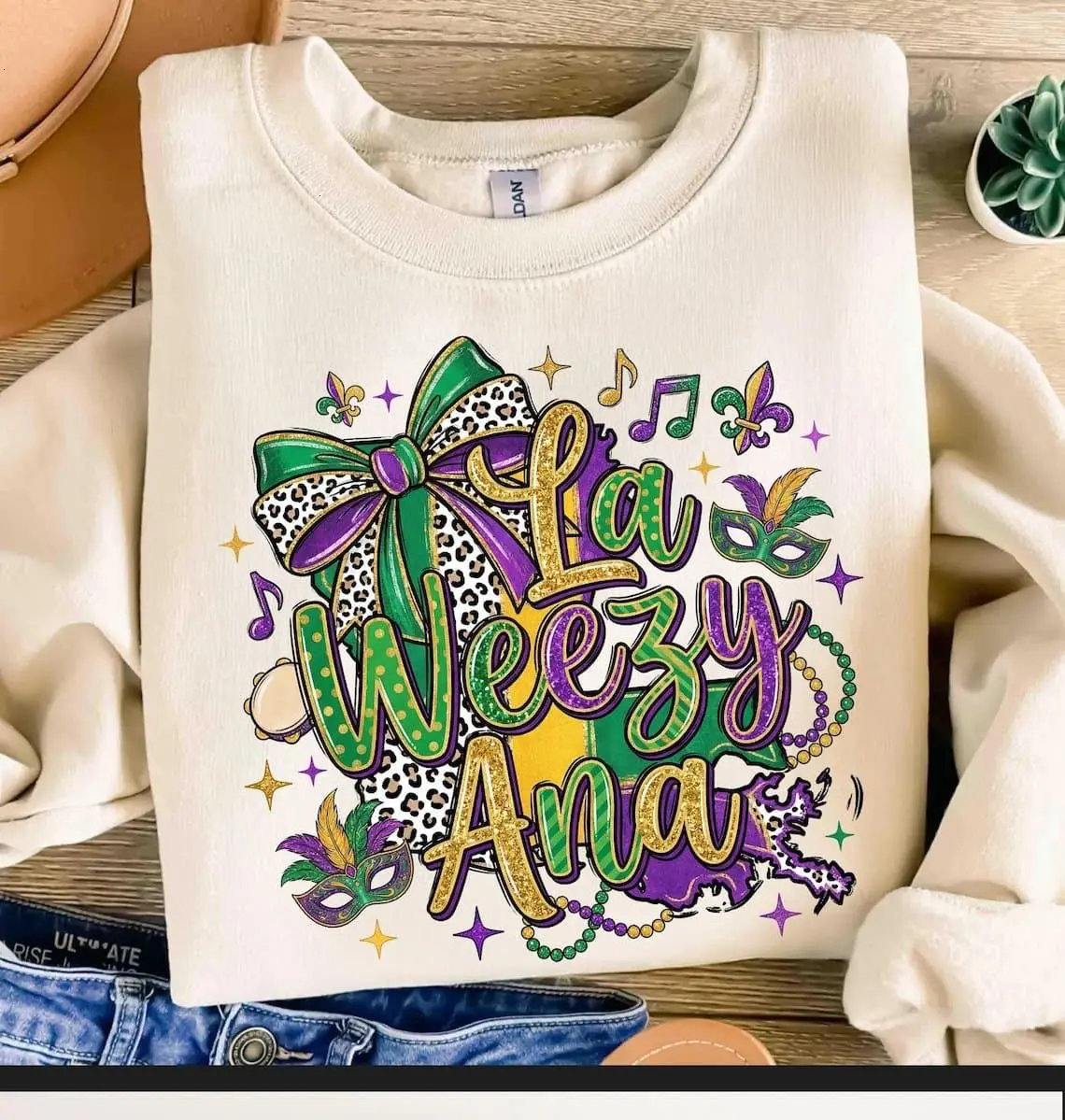 [Sale off up to 50%] Mardi Gras Sweatshirt, La Weezy Ana, Laweezyana Shirt, Fat Tuesday, Louisiana Map, Coquette bow, Trendy Mardi Gras, White Leopard, streetwear graphic tee