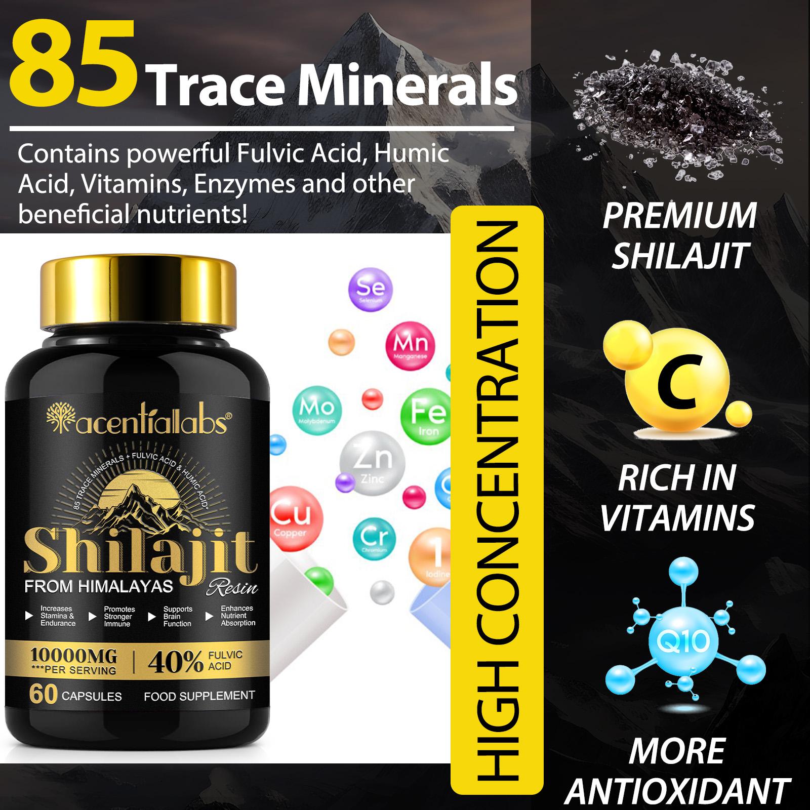 ACENTIALLABS Shilajit Capsules 10000 MG - 60 Capsules | Pure Himalayas Shilajit Capsules for Men & Women | Shilajit Resin Supplement | Three Month Supply! | 40%Folvic Acld Non-GMO, Gluten-Free