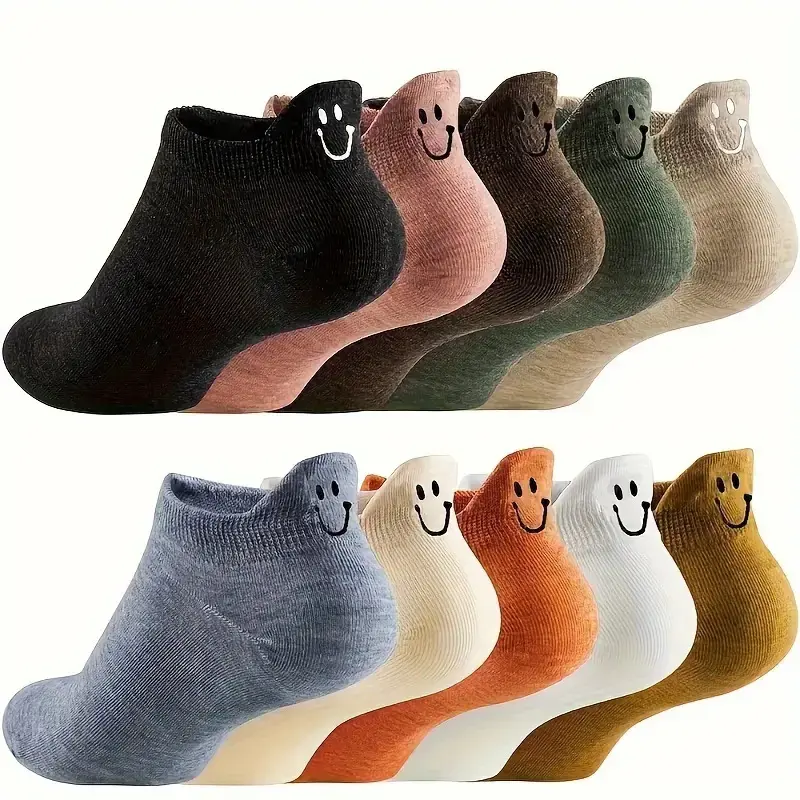 Women's Soft Cotton Ankle Socks, 10-Pair Low-Cut Pack with Ruffled Edge and Cute Smiling Face, Stretchy Assorted Colors, Breathable Soft Socks, Socks Bulk