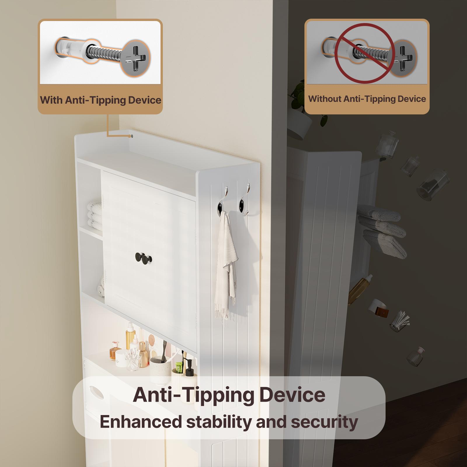 Gizoon Over The Toilet Storage Cabinet, 66''H Over Toilet Bathroom Organizer, Over Toilet Storage Cabinet with 2 Doors, Paper Holder and Racks, Adjustable Shelf, for Bathroom, Laundry, White