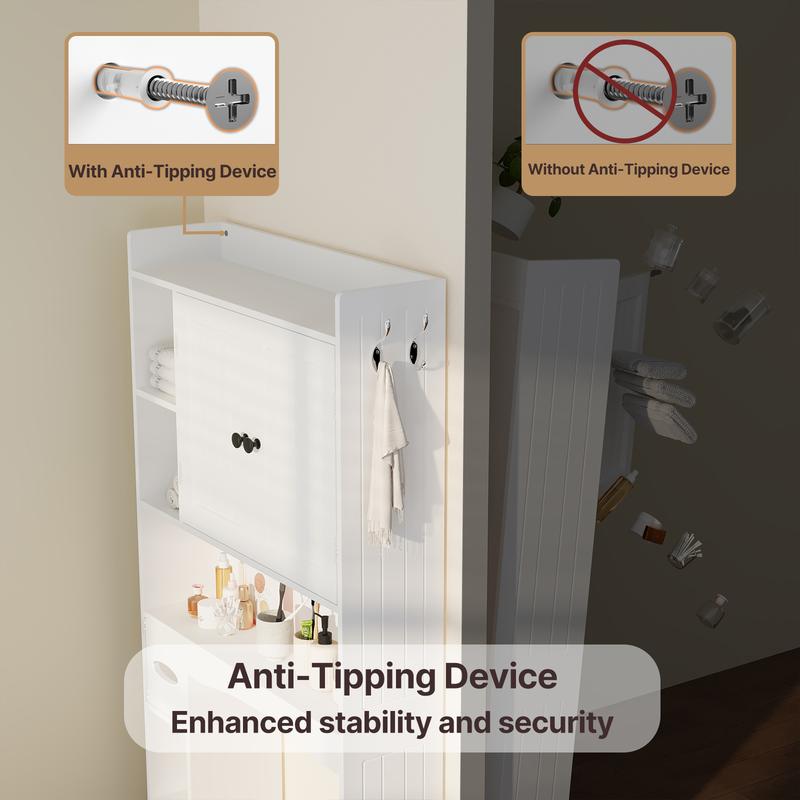 Gizoon Over The Toilet Storage Cabinet, 66''H Over Toilet Bathroom Organizer, Over Toilet Storage Cabinet with 2 Doors, Paper Holder and Racks, Adjustable Shelf, for Bathroom, Laundry, White