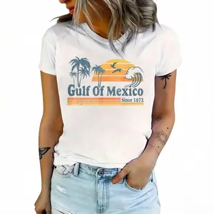 Vintage Beach Style Gulf of Mexico Since Graphic Print Women'S Round Neck Short Sleeve T-Shirt - Casual Spring/Summer Top with Palm Tree & Sunset Design, Lightweight Polyester Fabric, Machine Washable, Casual Wear |   Relaxed Fit Tee |   Durable Fabri