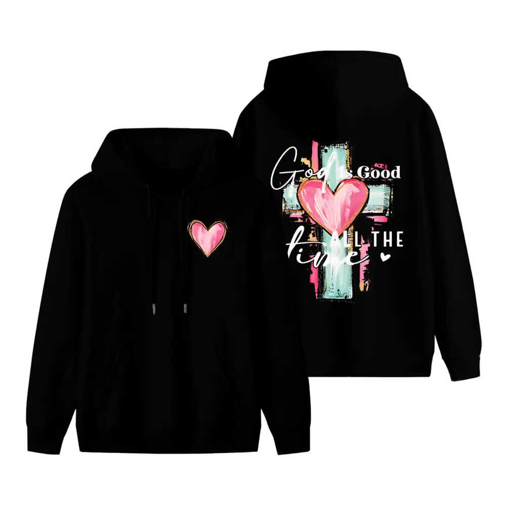 Women's Round Neck Brushstroke "God Is Good All The Time" Christian Hoodie - Casual Cotton Unisex Top, Religious Garment with Hand-Drawn Cross Design, Jesus Apparel Clothes