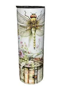 Dragonfly Flowers Bookshelf - 20oz oz 20 oz. 20oz. - Skinny Straight Sublimation Tumbler - Amy's Tumbler Junkies - Your Favorite Tumbler Shop!