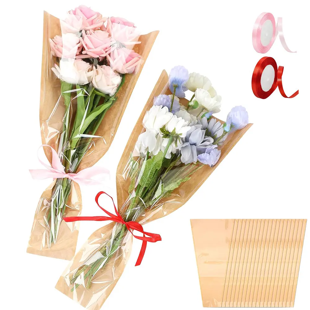 50PCS Flower Wrapping Bags Kraft Paper Flower Sleeves for Bouquets Flower Bags for Birthday Wedding Graduation Gift, Florist Wrap Supplies 9.45x17.72 Inch