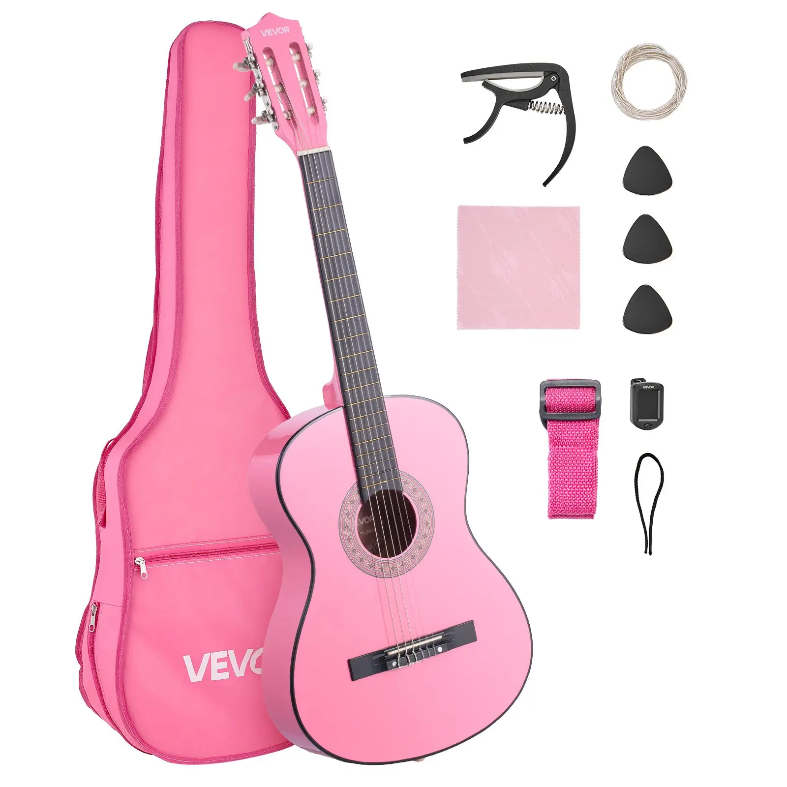 VEVOR 38 In/960 Mm Durable Basswood Acoustic Classical Guitar Starter Kit for Beginners, Teenagers & Adults, Nylon Strings, Gig Bag, Strap, Tuner, Extra Strings, Picks, Capo, Dust Cloth, Acoustic Guitar