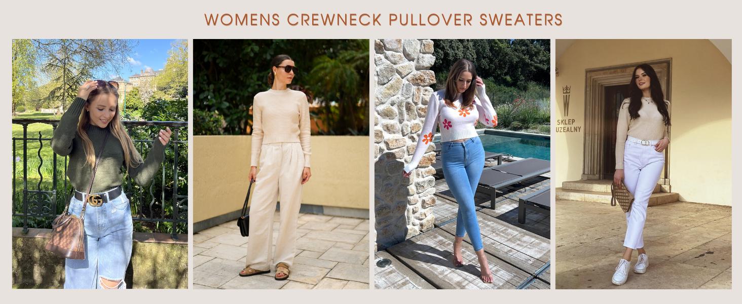 Women's Fall Crewneck Cropped Sweater Trendy Long Sleeve Ribbed Knit Pullover Jumper Tops