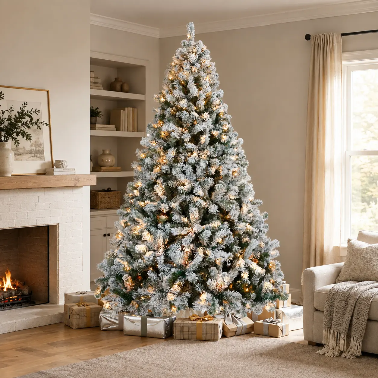 【Classic】Yaheetech Steel-Metal Protector Snow Flocked Pre-lit Multicolor Light Artificial Christmas Tree, Ideal for Home & Holiday Decor