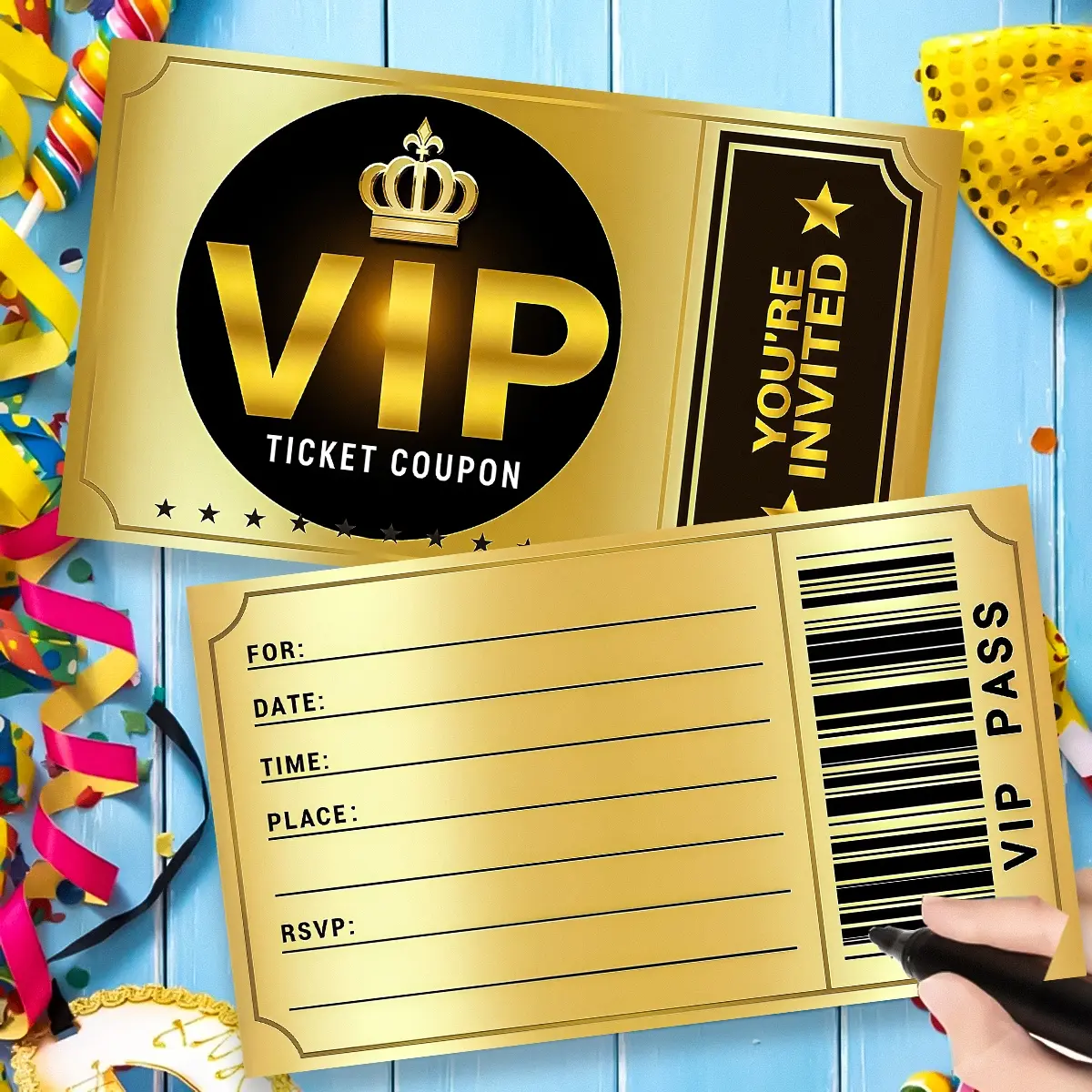 Vip Ticket Design Invitation Card, Greeting Card, Happy Birthday Card, 24pcs/set Double Sided Design Birthday Party Invitation Card with Envelope, Gift Packaging Supplies, Cards Envelopes