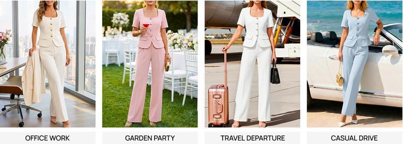 ZESICA Women's Summer Two Pieces Suits Set 2026 Short Sleeve Blazer Wide Leg Pants Business Casual Outfits Sets