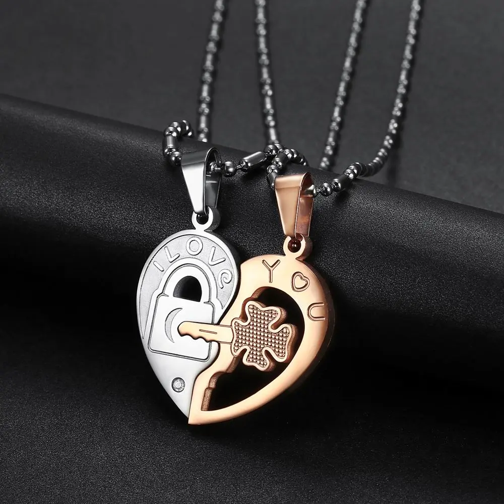 Stainless Steel Couples Necklaces, Retro Heart-Shaped Custom Puzzle Pendants, Personalized Lock-key Pair Set of 2 Anniversary Gift, Personalized Jewelry, Set Of Two