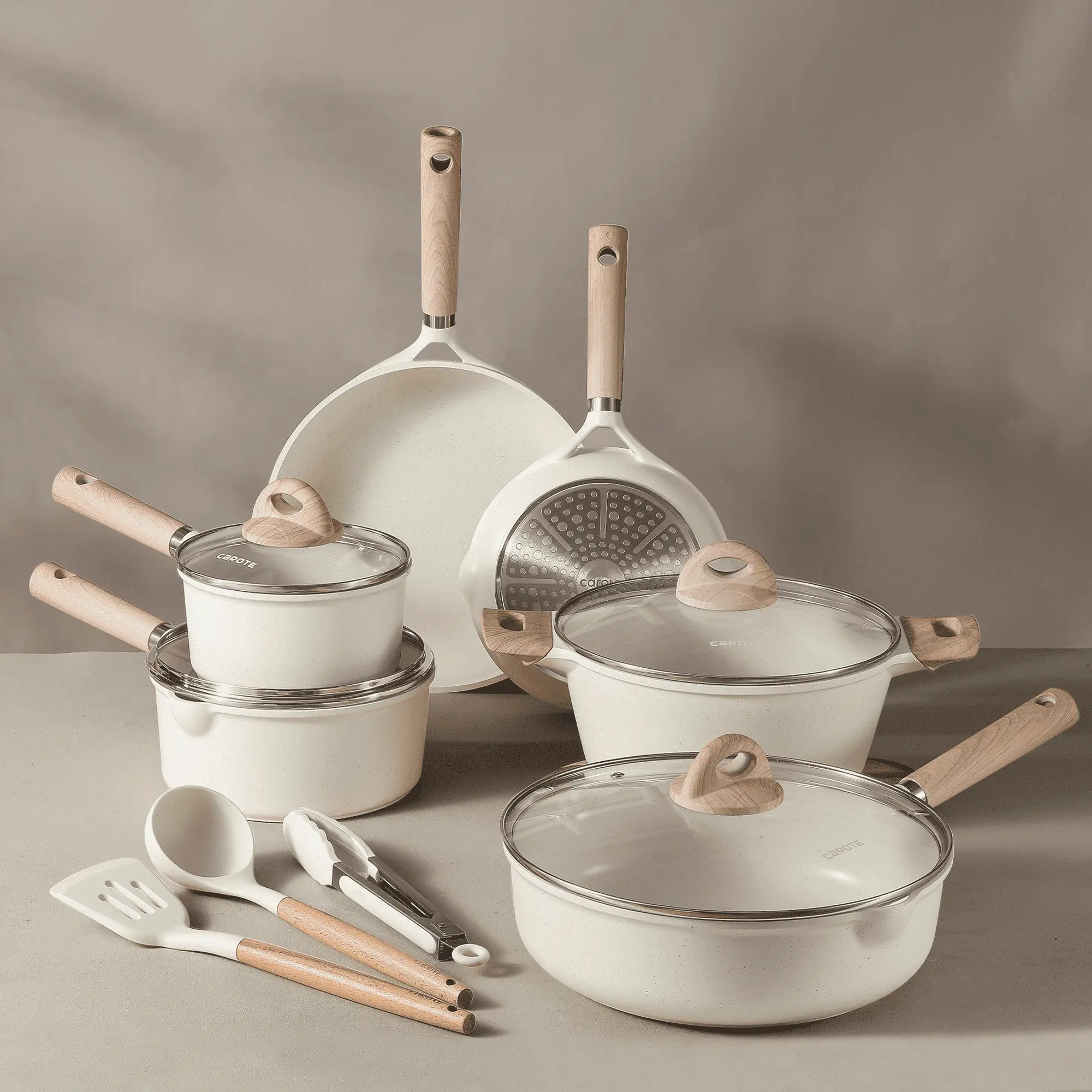 Carote Nonstick Pots and Pans Set, 13 Pieces Kitchen Cookware Sets Compatible for All Stoves, White Granite
