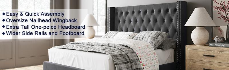 AMERLIFE Bed Frame with Wingback Headboard, Upholstered Velvet Bed with Tufted Diamond Button/No Box Spring Needed/Easy Assembly/Christmas Gift