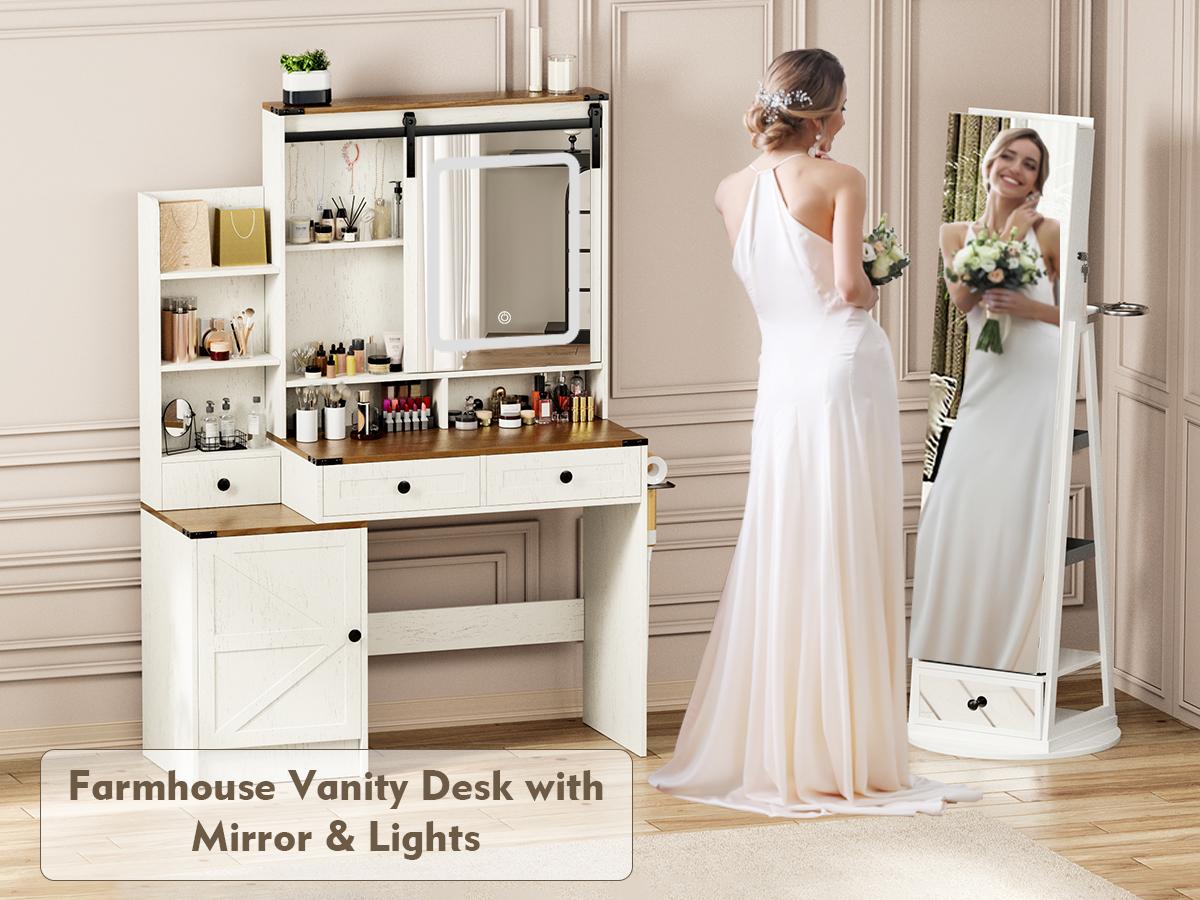 Makeup Vanity Mirror with Light, Large Women Vanity Desk with Touch Screen Mirror Lights & Power Outlet, 4 Cabinet, 2 Shelves & 5 Drawers for Bedroom,[Gift Idea]