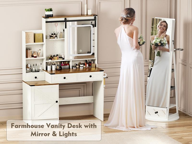 【Valentine's Day gift】Makeup Vanity Mirror with Light, Large Women Vanity Desk with Touch Screen Mirror Lights & Power Outlet, 4 Cabinet, 2 Shelves & 5 Drawers for Bedroom,[Gift Idea]