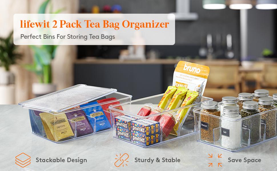 Lifewit Plastic Stackable Tea Bag Organizer, Storage Box for Kitchen Cabinets, Countertops, Pantry, Holds Coffee Pods, Sugar, Salt & More
