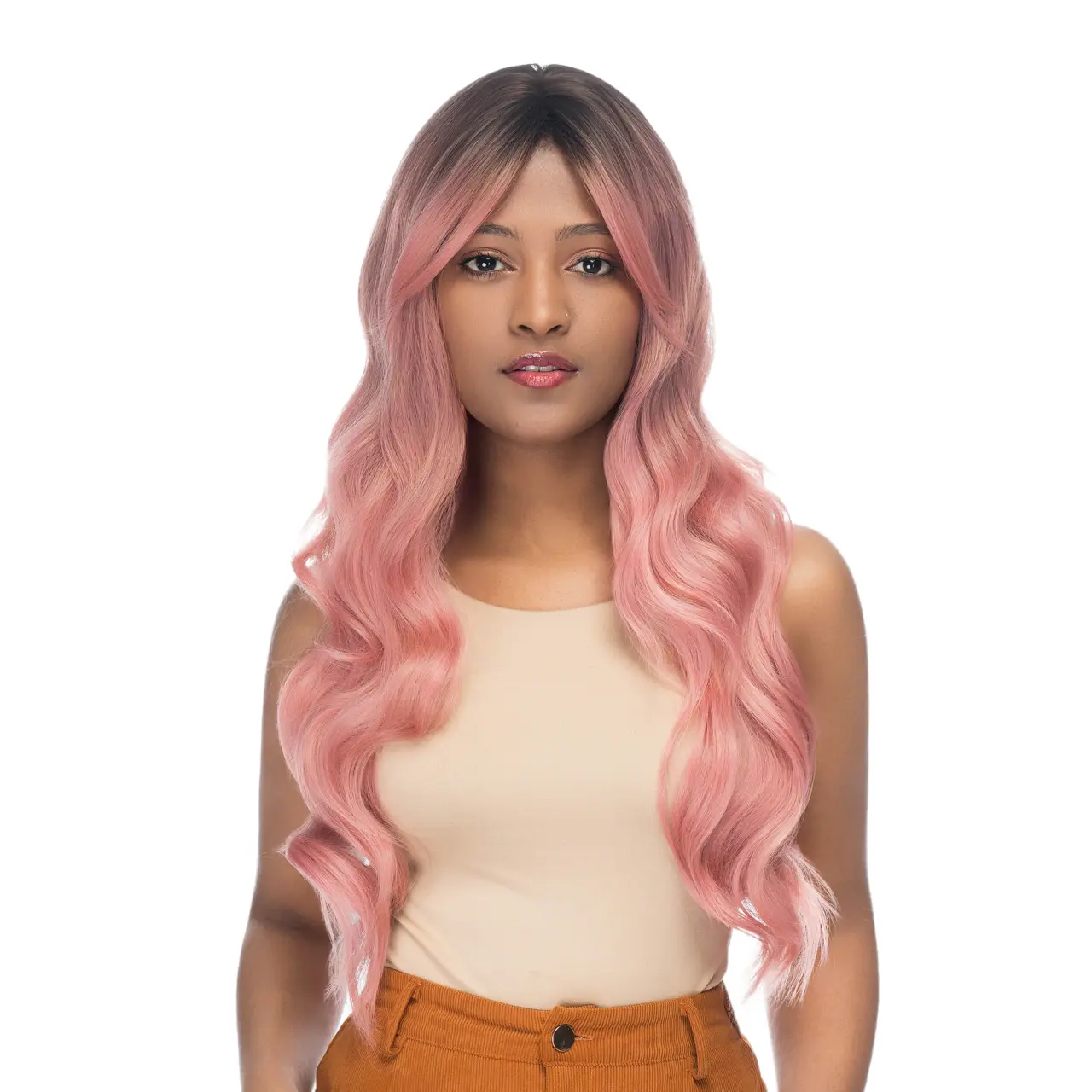 24-Inch Grunge Pink Ombré (Brown Roots) Wavy Synthetic Wig | 【Heat Resistant】【Cap Included】 | 51FSGA
