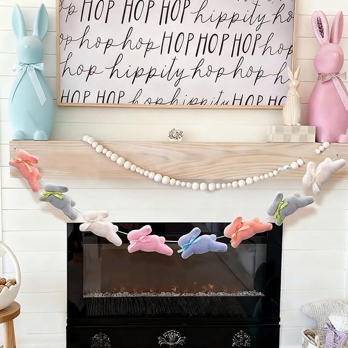 Easter Bunny Garland Banner with Wood Beads for Easter Decor, Rustic Rabbits Hanging Garland for Mantle Fireplace Shelf Wall Display Spring Home Decor, Shamrock Garland for St. Patrick's Day Luck Of The Irish Green Decor, Indoor Party Supplies & Gifts