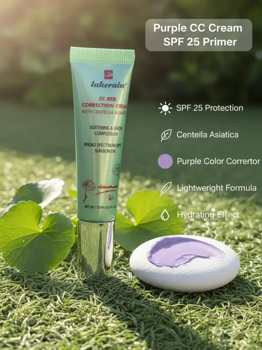 Centella Asiatica CC Brightening Cream with SPF 25 - Purple Color Correcting Cream Primer for Dull Skin, Lightweight Hydrating Tone Up Glow Face Makeup