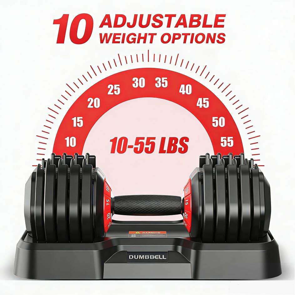 55lb Adjustable Dumbbells, 10 in 1 Weights Dumbbells Set, Fast Adjust Weights Set with Anti-Slip Grip, Space Saving for Home Gym