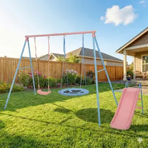 Two Swing Set with Slide Blue And Pink For Outdoor Kids Playground