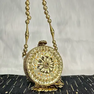 Beautiful Cute Mini Floral Antique Metal Statement Clutch with Beaded Handle and Intricate Design