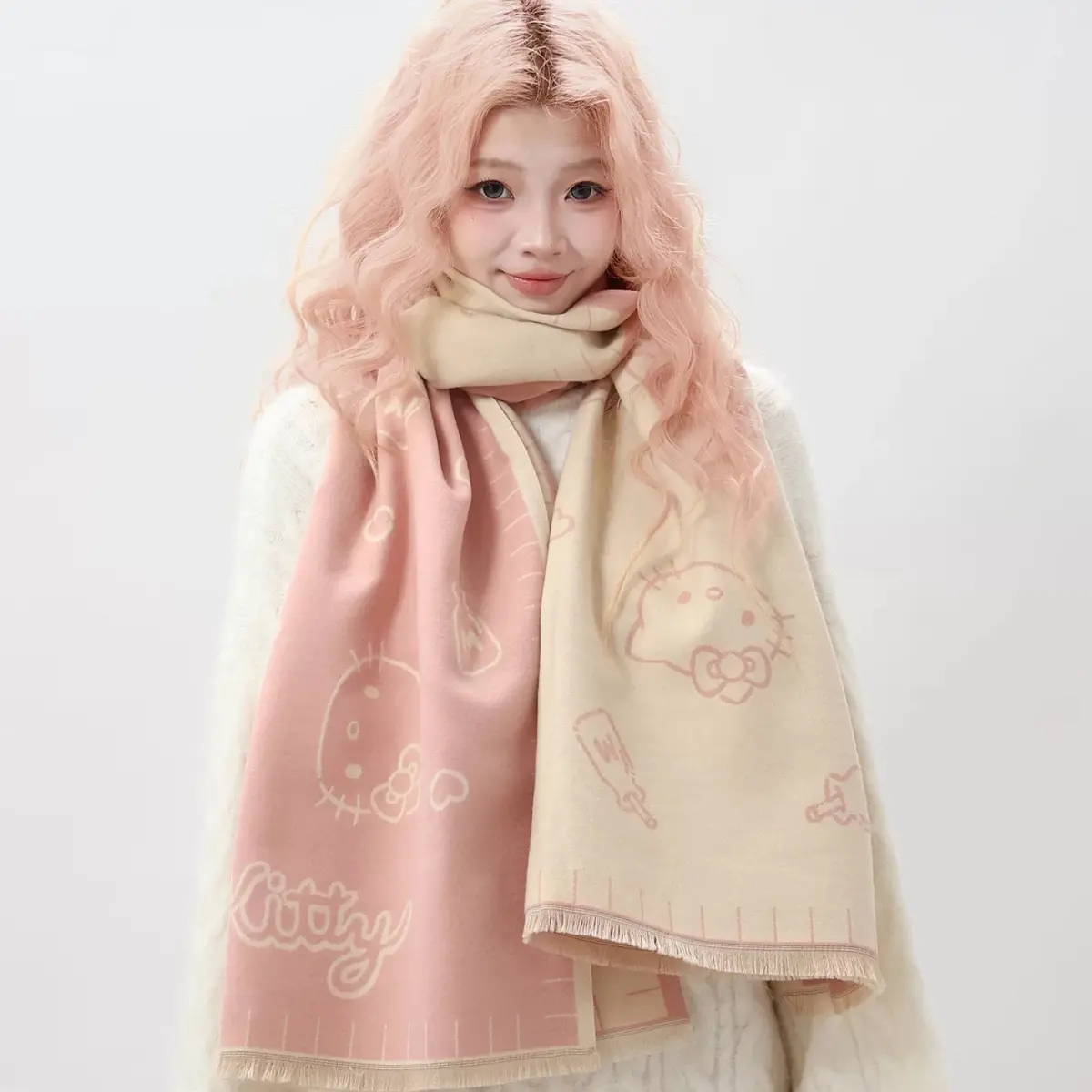 Sanrio Hello Kitty Knitted Scarf Shawl Scarf Cute Girl Heart Warm Scarf Dual purpose Winter Warmth Scarf