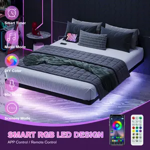 MUTICOR Floating LED Iron Bed Frame with Metal Slats【No Mattress】Headboard Outlets and Multi-Color Lighting, No Box Spring Needed, Twin/Full/Queen/King