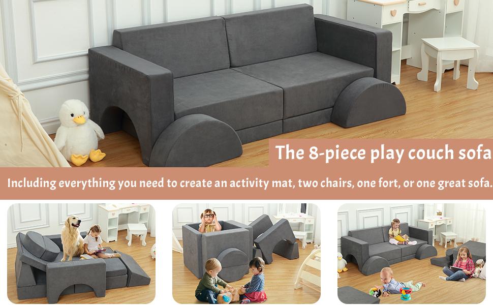【GARVEE】Creative Modular Toddler Sofa Set: 8-Piece Grey Couch for Bedroom and Playroom with Over 8 Configurations for Versatile Seating and Play