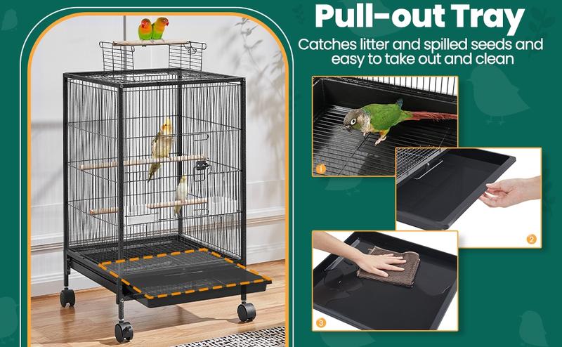 Yaheetech  35-Inch Wrought Iron Bird Cage with Rolling Stand Open-top Parrot Cage For Small-sized Birds Black