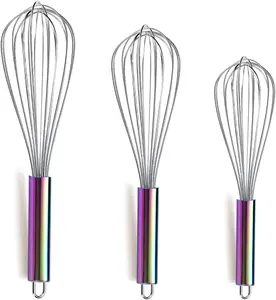 Rainbow Handle Whisk Pack of 3 Stainless Steel 8",10",12", Titianium Plating Colorful Handle Whisks for Cooking, Beater,Wire Whisk Set Kitchen Wisk (Rainbow Handle)