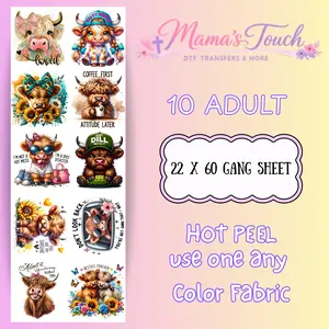 Highland Cow Gang Sheet -Farm - Cows - DTF Transfers 22X60 Gang Sheet Highland Cow Gang Sheet -Farm - Cows - DTF Transfers 22X60 Gang Sheet