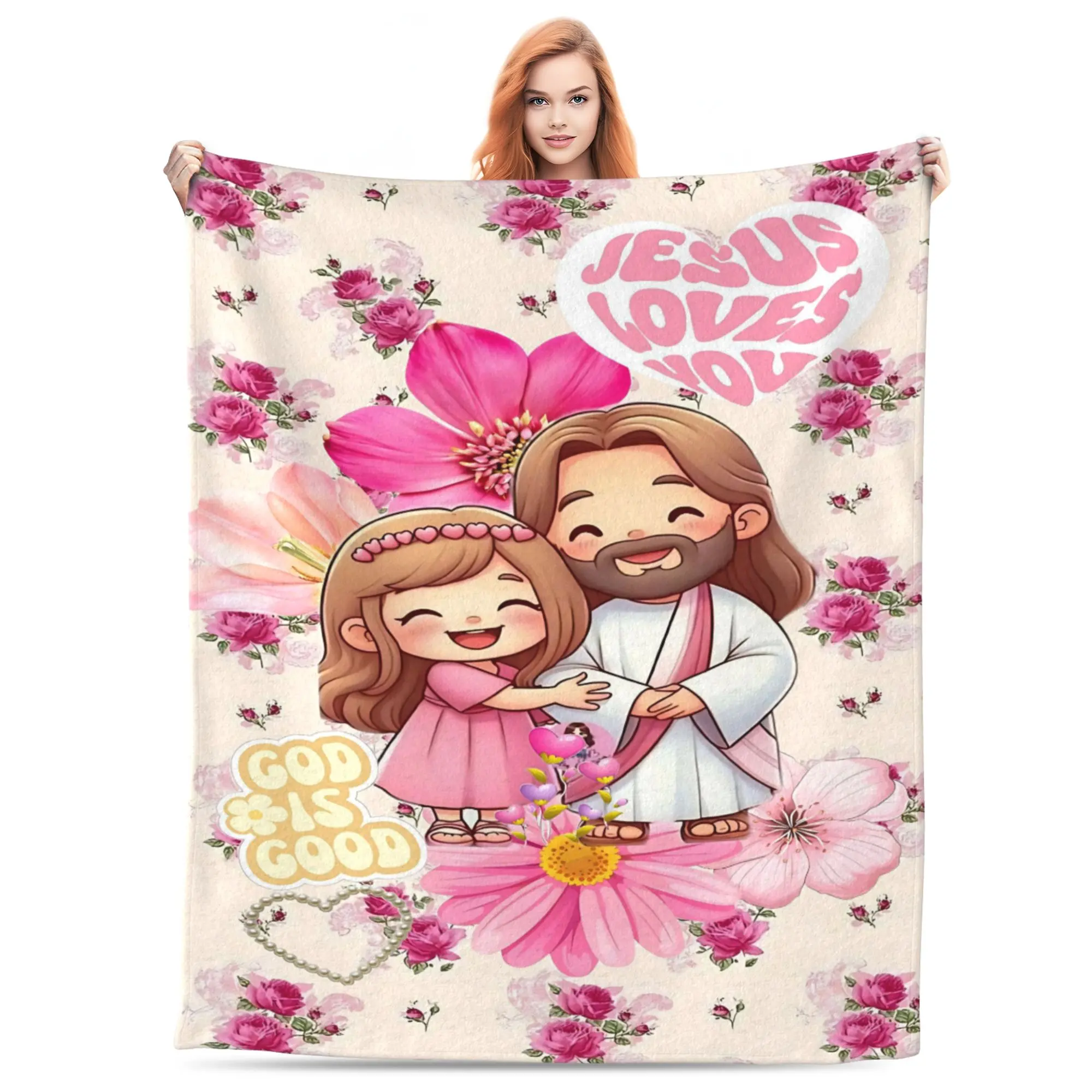 Jesus Loves You flannel Blanket – Cute Cartoon Jesus Hugging a Girl, Floral Design with "God Is Good" and Heart Motifs, Soft Fleece Blanket for Faith-Based Gifts or Home Decor