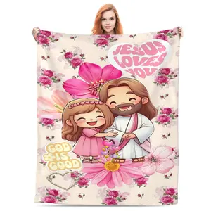 Jesus Loves You Throw Blanket – Cute Cartoon Jesus Hugging a Girl, Floral Design with "God Is Good" and Heart Motifs, Soft Fleece Blanket for Faith-Based Gifts or Home Decor