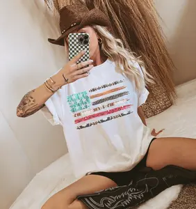 Vintage Western Tees BOHO USA Flag Tshirt Cowboy America Flag T-Shirt Unisex Casual Retro Patriotic Shirt Sublimation Vintage Print Flag Top