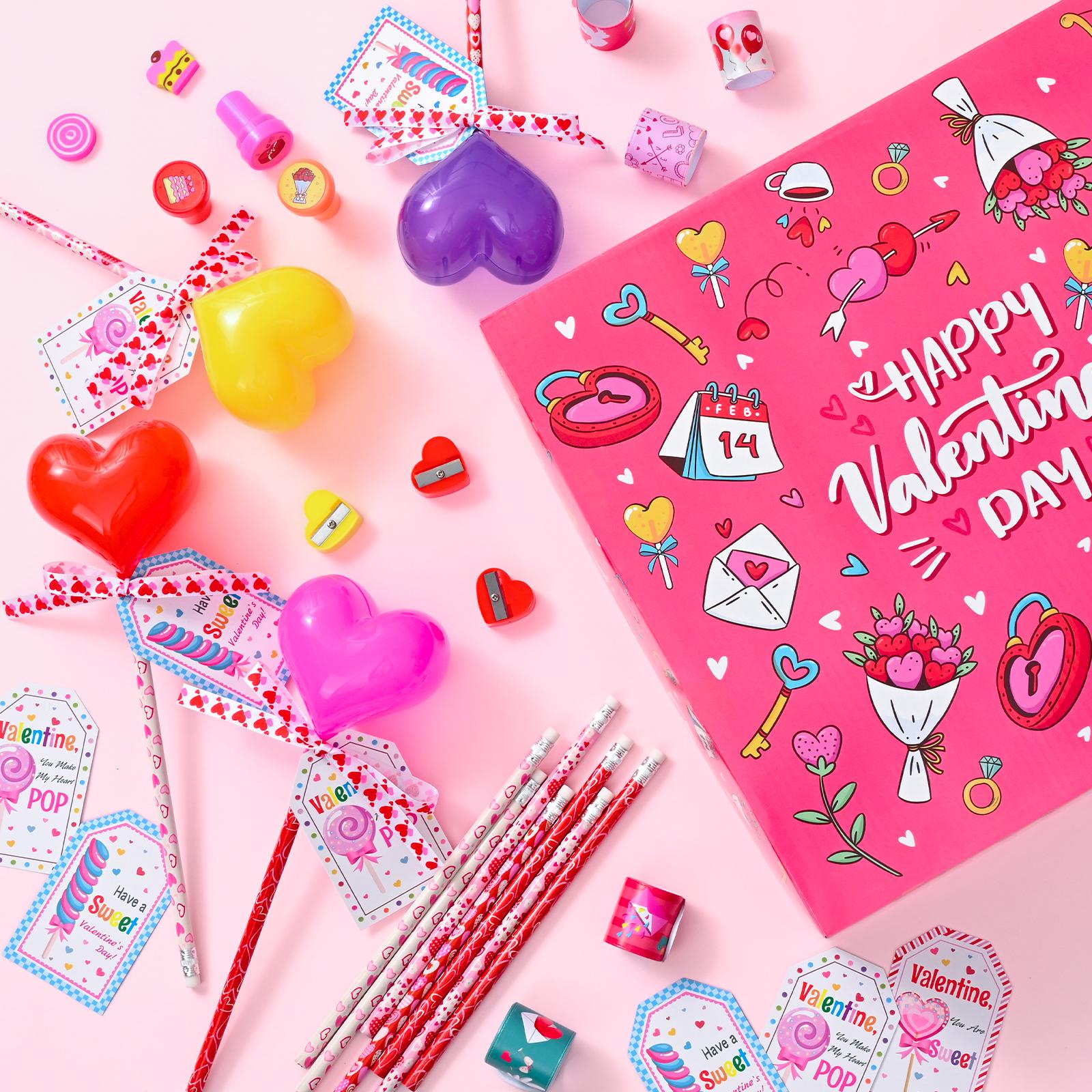 30 Pack Valentines Day Gifts for Kids - Glowing Heart Lollipop-Shaped Stationery Set with Valentine's Cards for School Classroom Class Party Favor Classroom School Exchange Birthday Party Gift