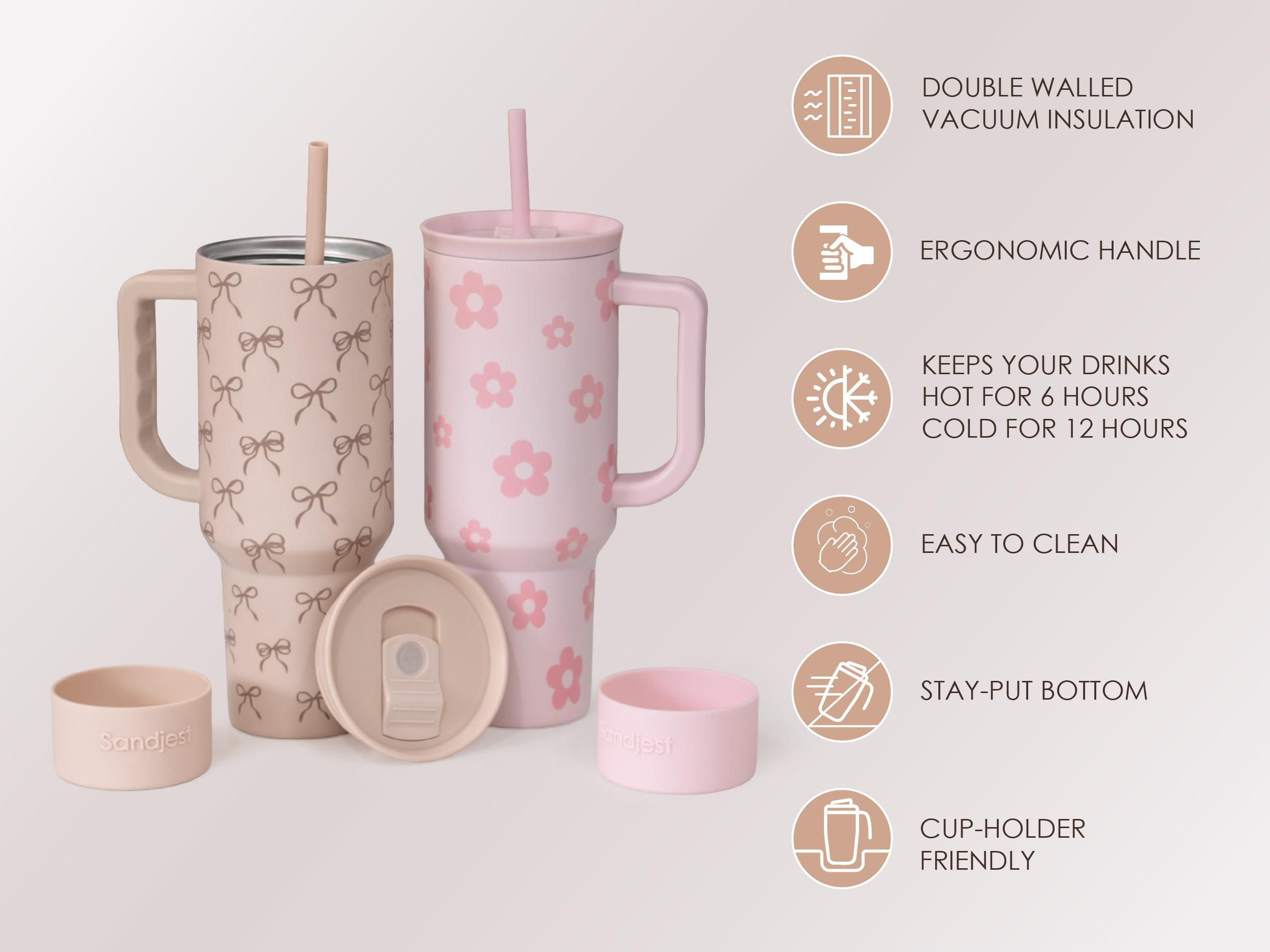 SANDJEST Insulated 40oz Tumbler with Handle & Straw, Easy-Clean, Cup Holder Friendly Base, Suitable for Outdoor Travel Office Spring Mother's Day Gift