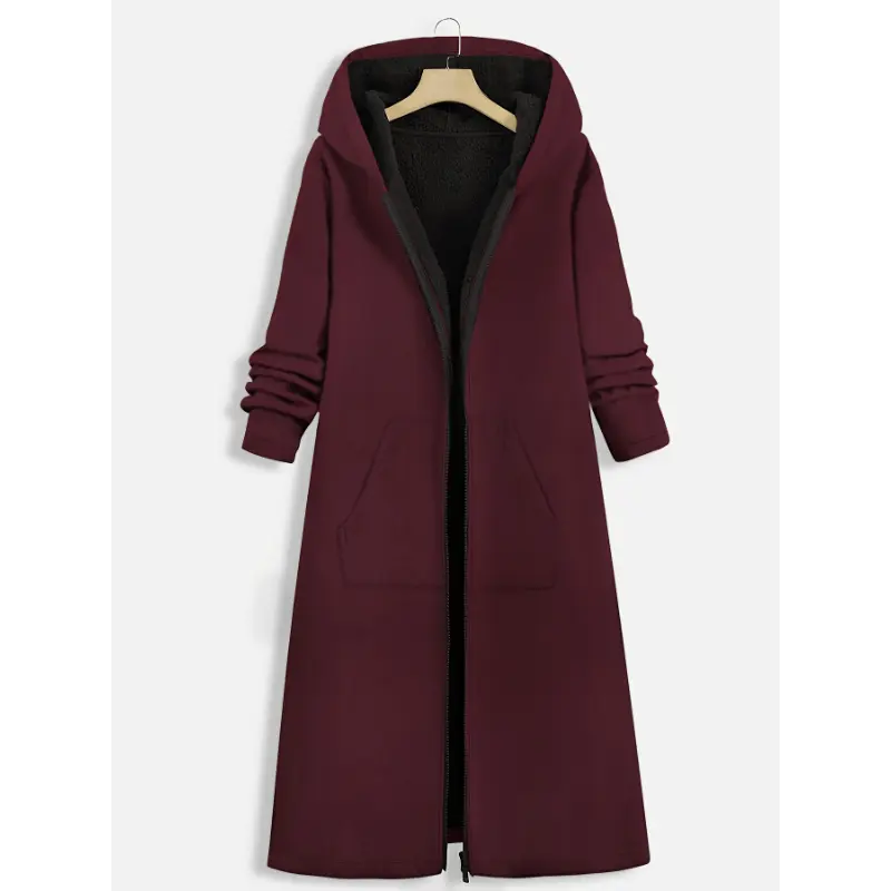 Women's Textured Knit Hoodie Coat, Casual Solid Longline Zip-Up with Warm Faux Fur Lining and Pockets for Winter, Tops, Knitting, Machine Washable, Jackets, Fabric, Zip Hoodies