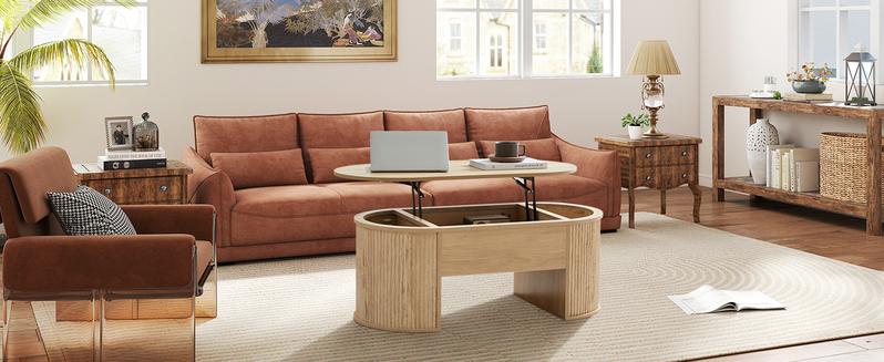 Giratree Fluted Coffee Table with Lifting Top, Oval Wood Lift Top Coffee Table with Hidden Compartment, Mid Century Pull up Center Tables for Living Room, Office