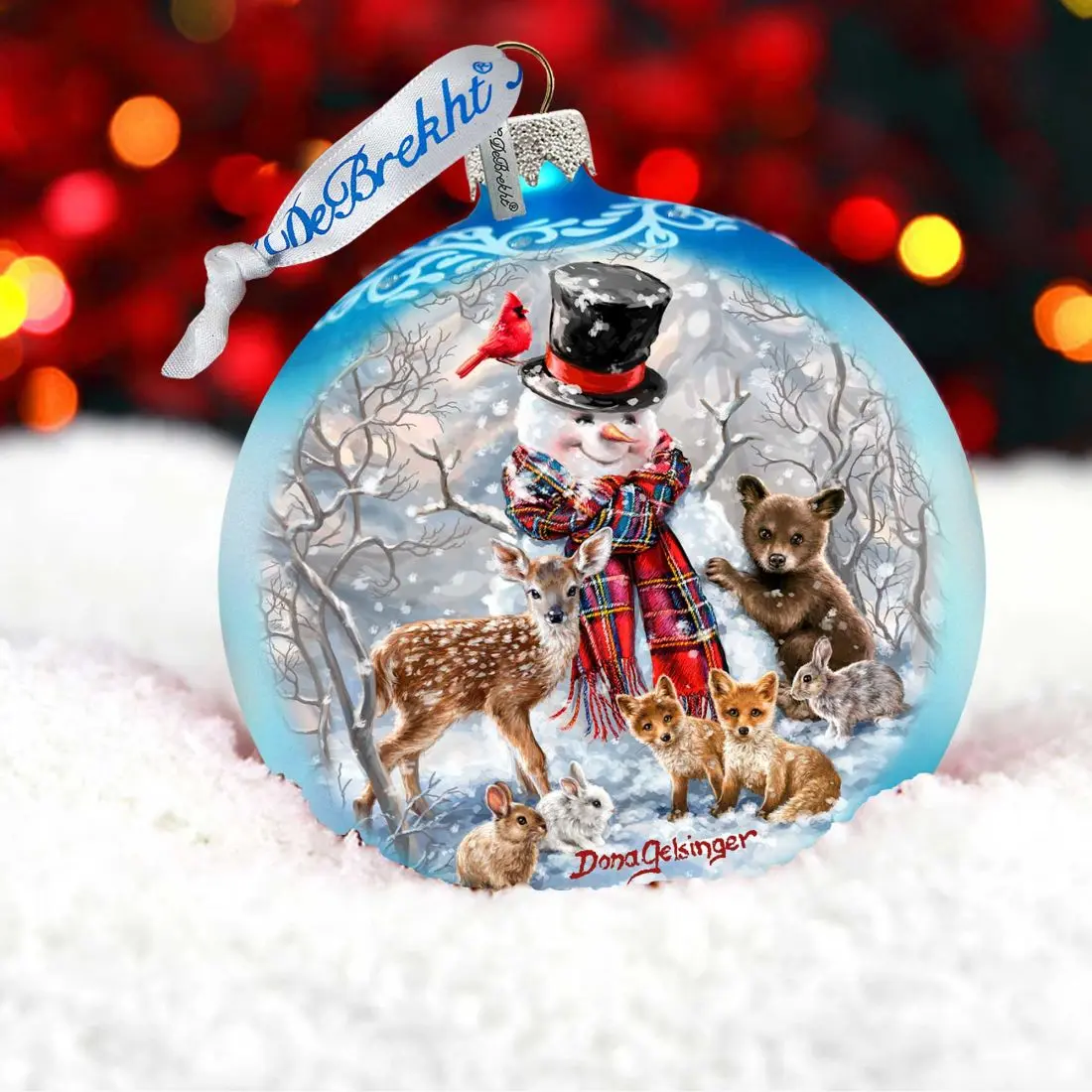 G.DeBrekht 73908-DG Limited Edition Hand-Painted Christmas Ornament - 5x5.5in Satin Mercury Glass, Deep Iridescent Painting, Frosty & His Forest Friends Design, Indoors Use, Ribbon, Gift Box Included