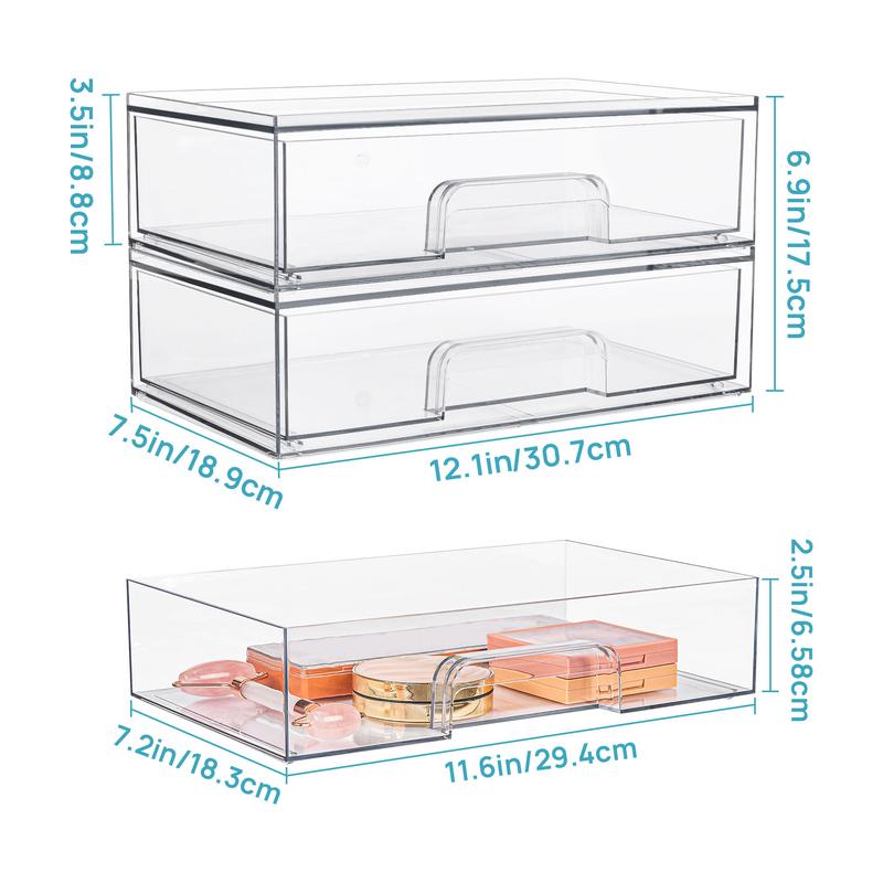 VTOPMART 2/4 Pack Wide Stackable Transparent Drawers for Makeup Accessories Jewelry and Beauty Supplies Organiser Springtok  Storage Compartment Box Multi-Purpose Organizers New Year Gift