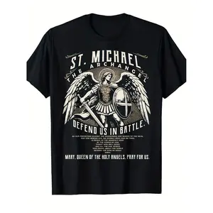 Men'S Saint Michael the Archangel Catholic Christian T-Shirt - with Prayer Design, Vintage Streetwear Style, Comfortable Round Neck Short Sleeve, Religious Graphic Tee for Casual Wear, Outdoor Activities & Daily Faith Expression
