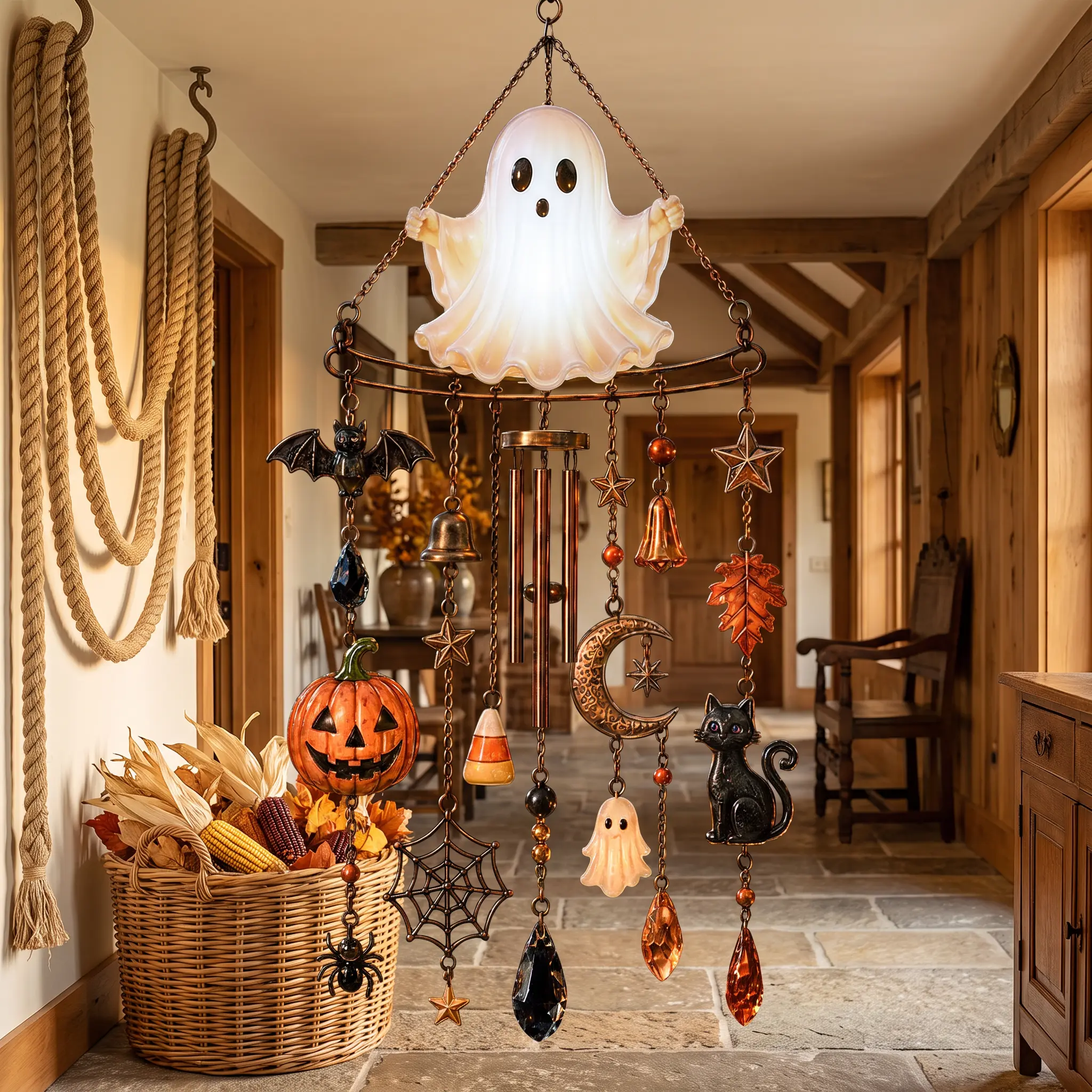 Halloween Lighted Ghost Wind Chime, LED Illuminated Hanging Decor with Aluminum Tubes, Pumpkin Bat Cat Spider Charms, Crystal Drop, Battery-Operated Spooky Ornament for Patio Garden Party