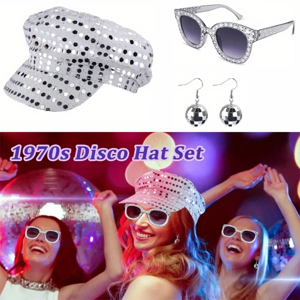 1970s Vintage Disco 3pcs Bling Shiny Comfortable Party Accessory Set - Sequin Beret Hat, Glasses, Dangle Earrings, One Size for Dance, Christmas, Happy Birthday Festive Gifting (Party Hats & Accessories)