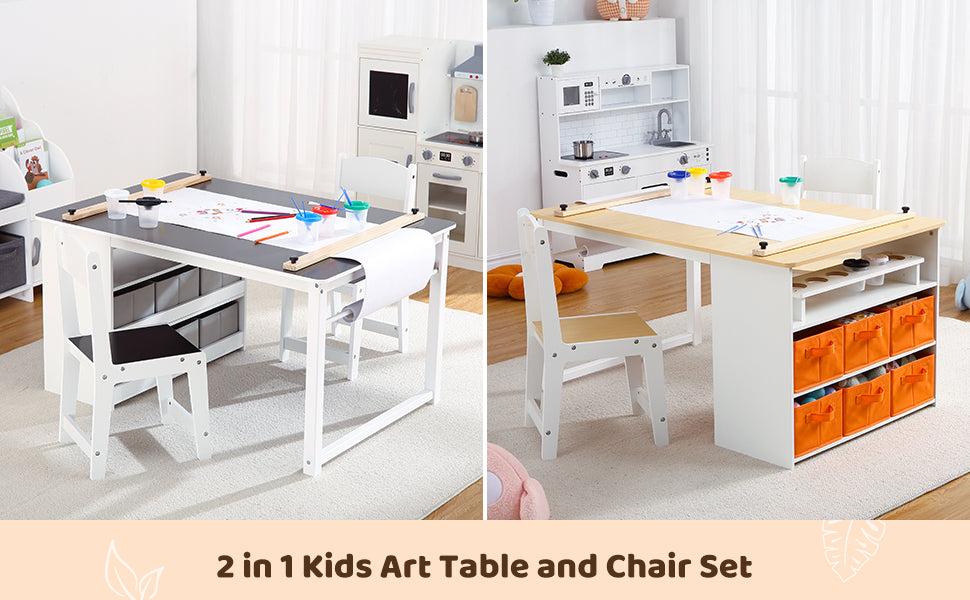 GARVEE Versatile Wooden Activity Table and Chair Set with Storage Bins and Portable Art Supply Organizer for Creative Play and Learning in Stylish Yellow and White or Grey Finish.