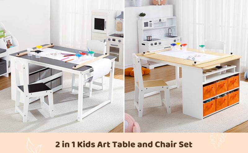 GARVEE Versatile Wooden Activity Table and Chair Set with Storage Bins and Portable Art Supply Organizer for Creative Play and Learning in Stylish Yellow and White or Grey Finish.