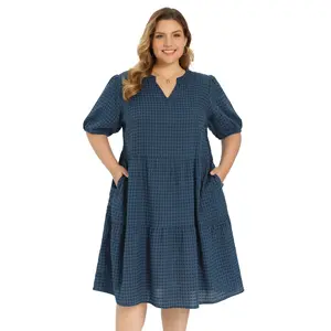 GRACE & GRANDEUR Plus Size Gingham Dress for Women Plaid Puff Sleeve Notch Neck Tiered Midi Casual Spring Summer Dresses with Pockets