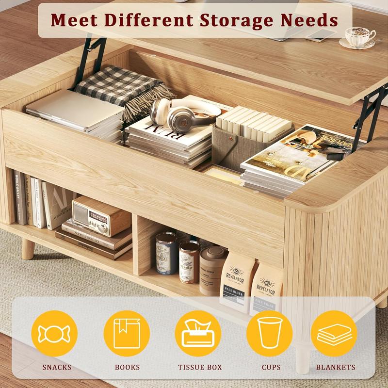 Lift Top Coffee Table with Storage, 41" Mid Century Modern Coffee Table with Fluted & Curved Profile Design, Hidden Storage Compartment, Lower Shelf Center Table for Living Room Office, Oak