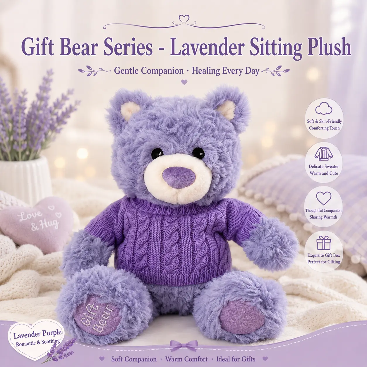MINISO Geoforte Bear Series Unisex Lavender Sitting Plush Teddy Bear - Calming Plush Fabric Doll Pillow, Ideal Birthday Gift for Ages 12+, Back to School Stuffed Toy